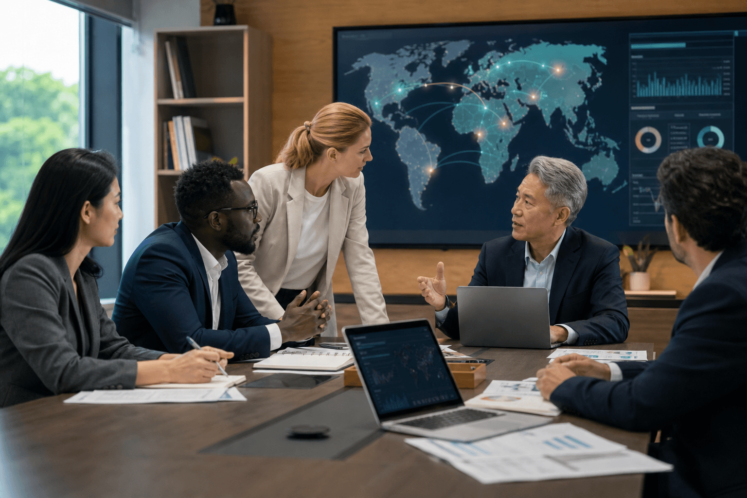 International business teams reviewing reporting and market activity