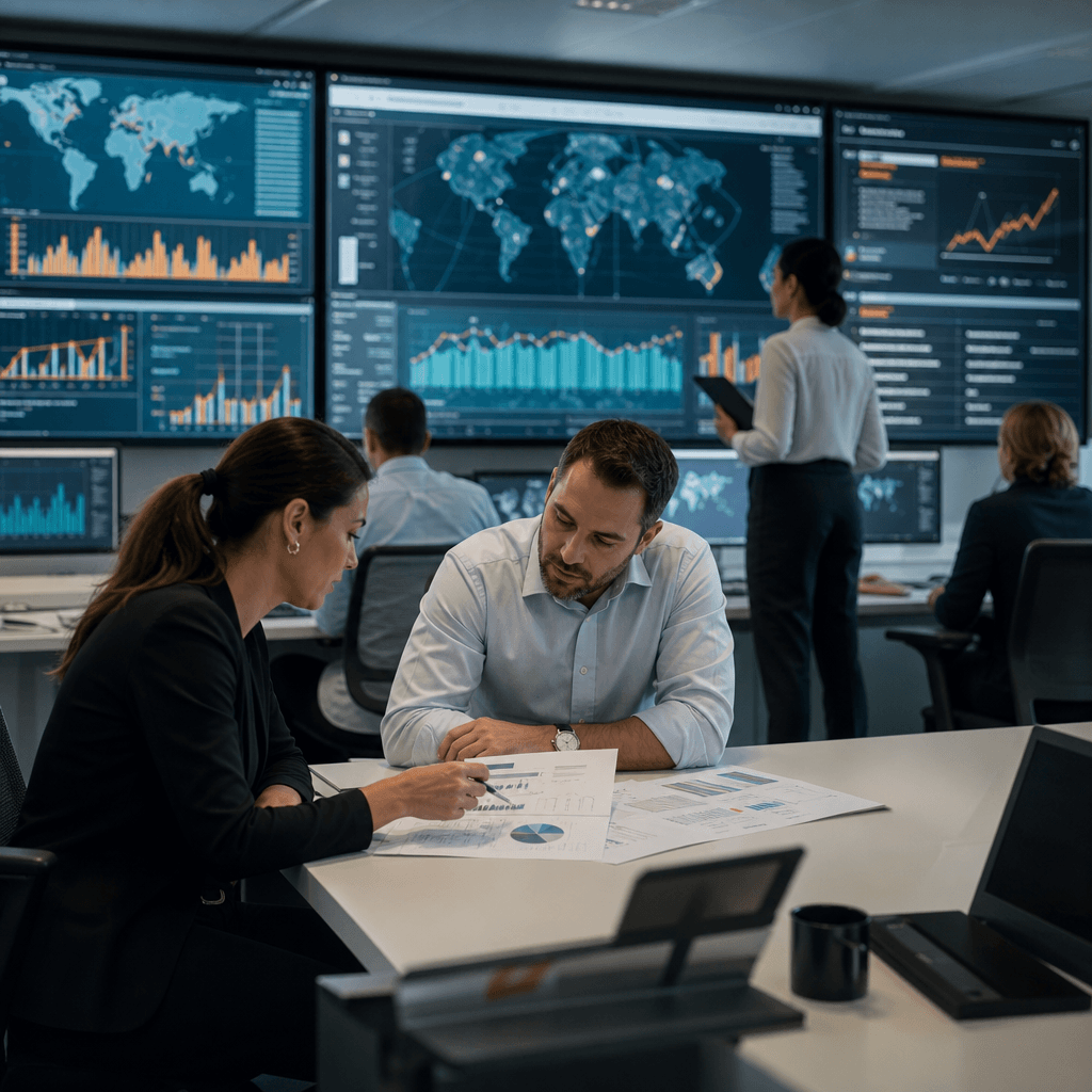Business analysts reviewing operations updates